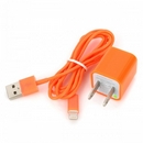 AC Power Adapter Charger + USB Sync Data / Charging Lightning Cable Set for iPhone 5 - Orange