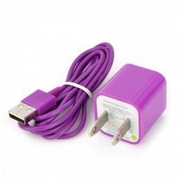 AC Power Adapter Charger + USB Sync Data / Charging Lightning Cable Set for iPhone 5 - Purple