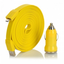 Car Cigarette Powered Charging Adapter + Micro USB Data / Charging Flat Cable for Samsung - Yellow