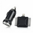 Car Charger + 8-Pin Lightning / 30-Pin Adapter + Micro USB Data/Charging Cable for iPhone - Black