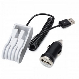 Car Charger + USB to Apple 30-Pin / Mini/Micro USB / Nokia 2.0mm Coiled Cable for Cell Phone - Black