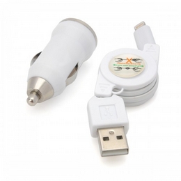 2-in-1 Car Lighting Cigarette Charger + USB 8Pin Extension Cable for iPhone 5 / iPad 4 - White